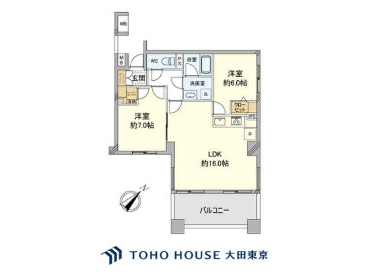 2LDK、専有面積60.51m2、バルコニー面積8.41m2