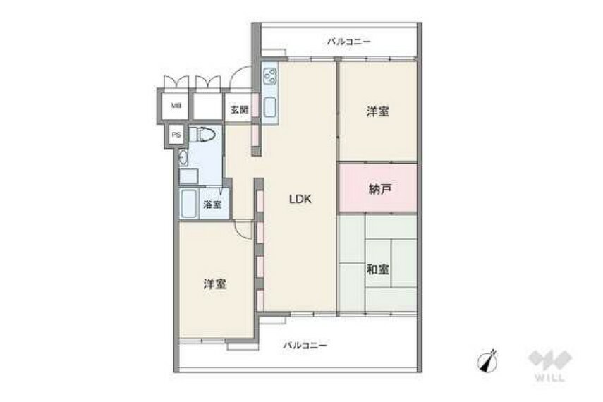 間取り図 間取りは専有面積82.8平米の3LDK。全居室がバルコニーに面した2面バルコニーのプラン。LDKと個室2部屋が続き間で、シーンに合わせて空間をフレキシブルに使えます。