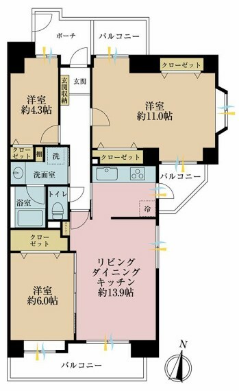 間取り図 3LDK、専有面積78.16平米、バルコニー面積14.70平米