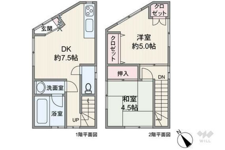 間取り図 間取りは延床面積47.96平米の2DK。