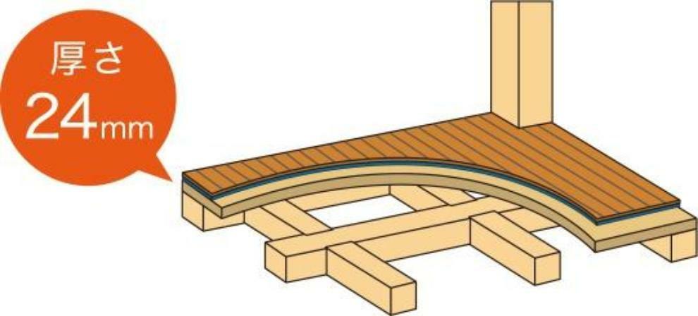 構造・工法・仕様 1階と2階の床に厚さ24mmの合板を敷く。土台と梁に直接留め付け、床を一つの面として一体化させ、建物のねじれ等を防ぎます。横からの圧力にも非常に強く、台風や地震にも強度を発揮します。
