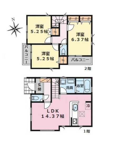 間取り図 ■建物面積:75.55平米の2階建て3LDK新築戸建