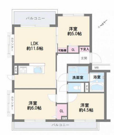 間取り図 リビング横の洋室を開放すると、より空間を広く見せることができます！