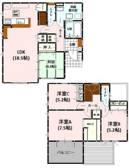 間取り図 1号棟:広々とした18.5帖のリビングは毎日家族が集まれる心地の良い空間です。