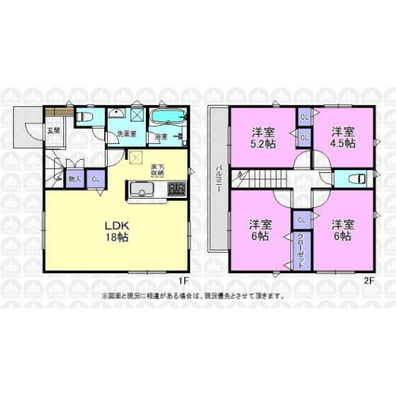 間取り図 1階は家族との共有エリア、2階はプライベートエリアに分かれた4LDKの間取です。
