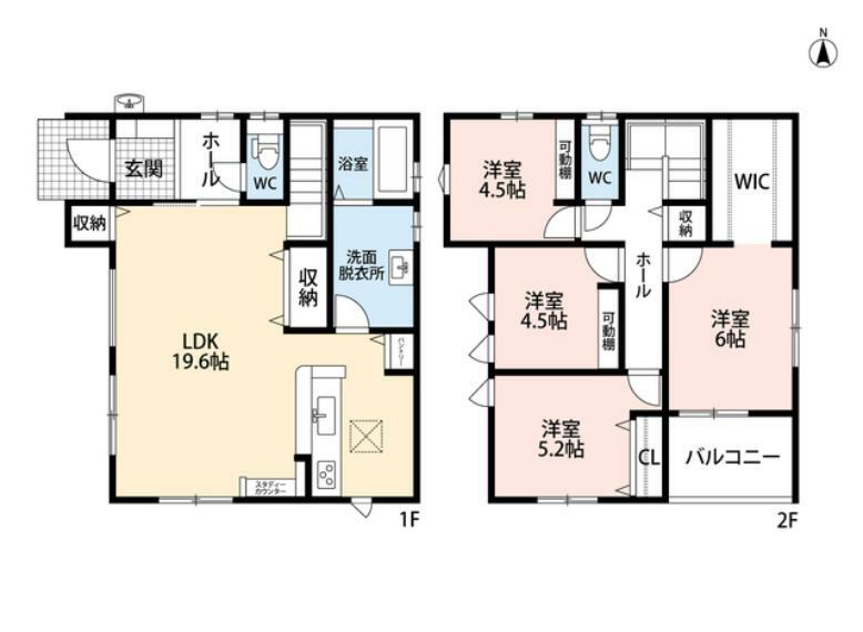 間取り図 WIC、パントリー、リビング収納2カ所、廊下収納あり＾＾2階は洋室が4部屋あるので、お子様が大きくなっても安心ですね＾＾