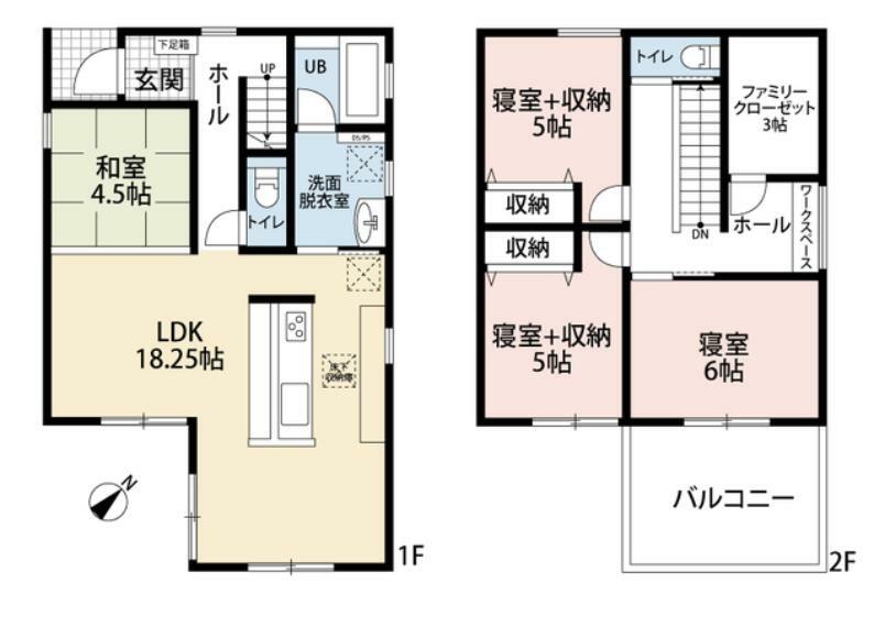 間取り図 カウンター付きキッチンを中心としたLDK＾＾和室と繋がり広々とした大空間＾＾2階にはスタディーカウンターと大容量のファミリークローク付き。