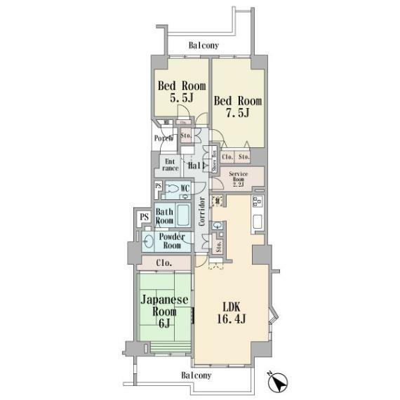 間取り図 5階部分の南西向き　両面ワイドバルコニー　3LDK＋納戸2.2帖　ペット飼育可能　オートロック　新耐震基準　エレベータ有り　現況空室です