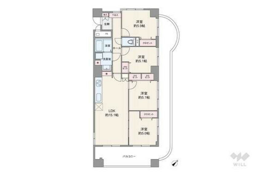 間取り図 間取りは専有面積81.34平米の4LDK。全居室がバルコニーに面したワイドスパンのプラン（バルコニー面積は30.21平米）。LDKを含む居室3室が2面採光です。全個室にクロゼット付き。