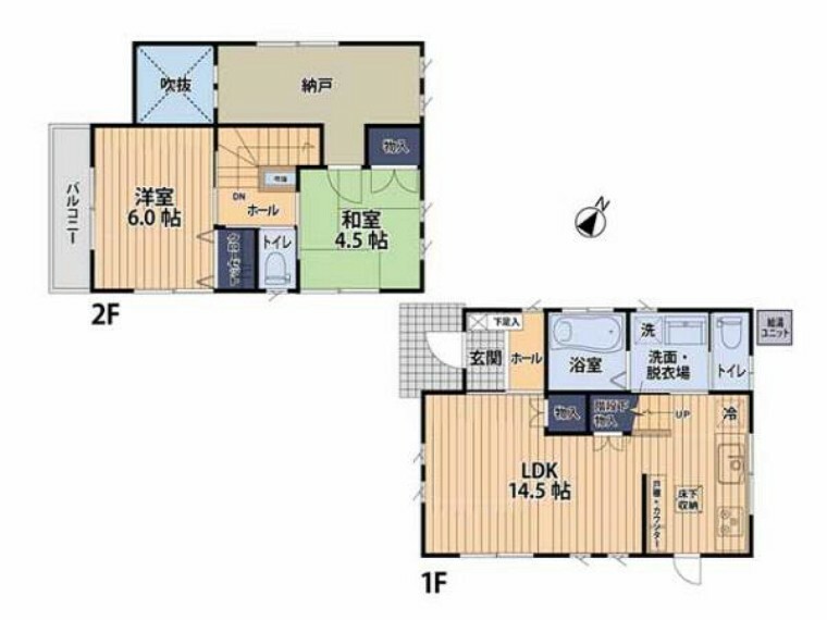 間取り図 2LDK＋納戸付き！ 4.5帖の和室は寝室や客間などマルチに活躍。家族との距離もグッと縮まるコンパクトなプランニングです。