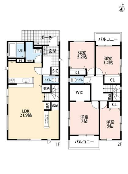間取り図 LDKは広々21.9帖、スタディーカウンターを用いたユーティリティスペースあり＾＾ 2階にはWIC含む収納付き洋室4部屋＾＾