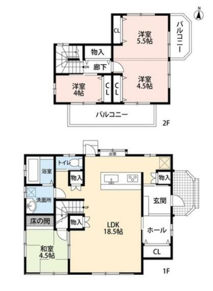 間取り図 4LDKのゆとりのある間取り。 2階全洋室がバルコニーに面しており日当り風通し良好です＾＾リビング収納2カ所、廊下収納あり。