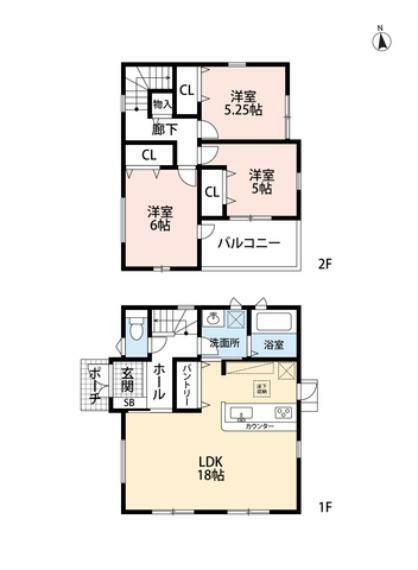 間取り図 LDKは広々18帖を確保しており、ゆったり快適。2階は洋室が3部屋あるので、お子様が大きくなっても安心ですね＾＾