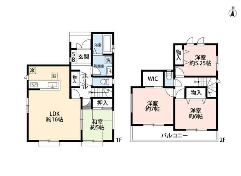 間取り図 LDKと和室を合わせると21帖の大空間となります。廊下収納やWICなど収納スペースもしっかり確保しています。
