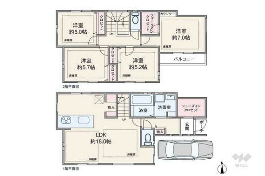 間取り図 延床面積98.34平米の4LDK。1階にLDKとサニタリー、2階に個室が集約された、各階で用途が分かれているプラン。リビング階段で2階の個室にはLDKを通ってアクセスするため家族の動きがよく見えます。
