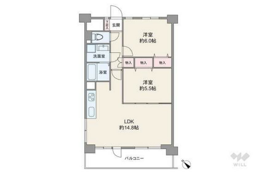 間取り図 間取りは専有面積60.16平米の2LDK。LDKと洋室1部屋をつなげて使えるプラン。キッチン近くに窓があり、換気がしやすい造りです。バルコニー面積は9.53平米あります。