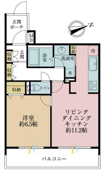 間取り図 1LDK、専有面積43.78平米、バルコニー面積8.53平米