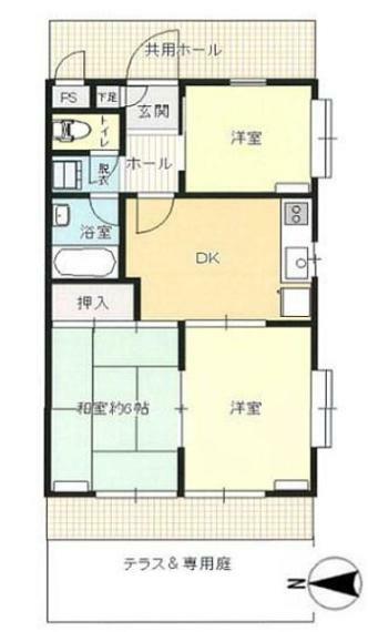 間取り図 専用庭付きの3DK。 日当たり・通風良好な、1階角部屋。