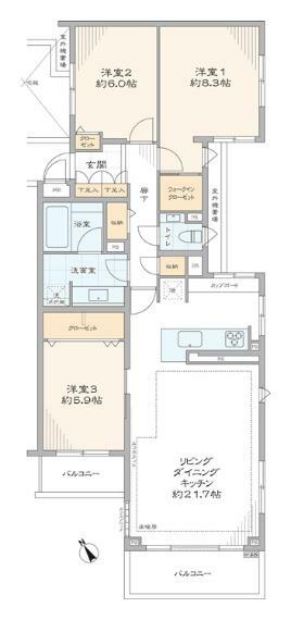 間取り図 広々した94平米の3LDK＋WIC角住戸の間取り。