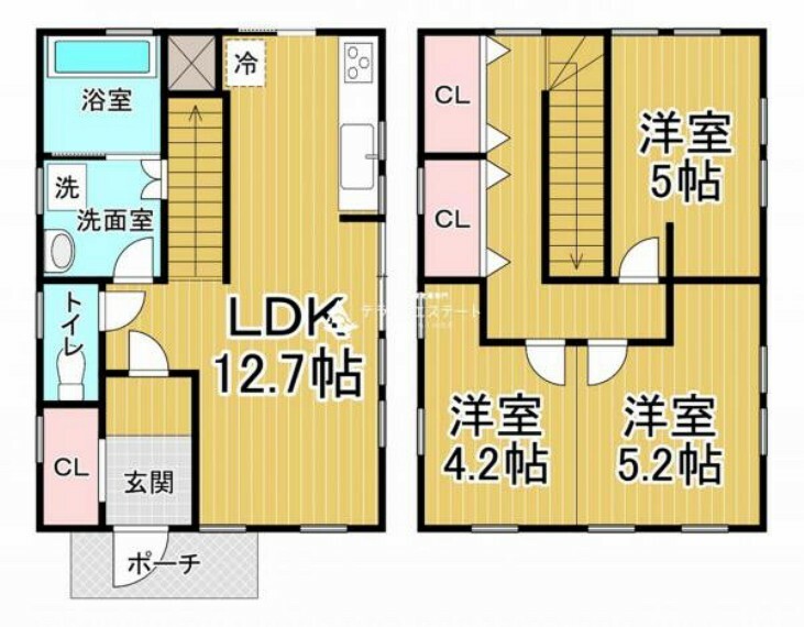 間取り図 リビング中央に設けたリビング階段で家事動線もスムーズ！