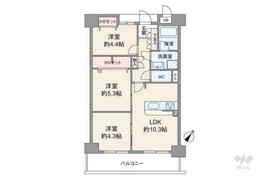 間取り図 間取りは専有面積57.96平米の3LDK。LDK約10.3帖の縦長リビングのプラン。バルコニー面積は8.33平米です。