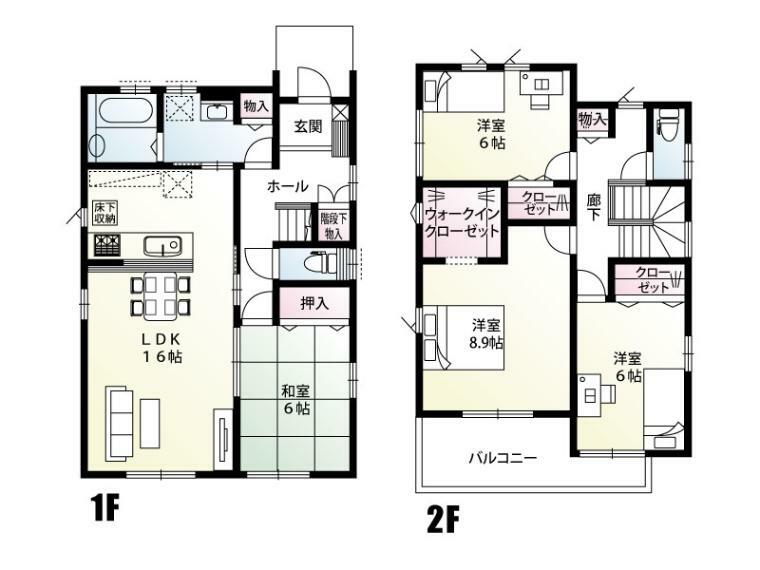 間取り図 幸手市上高野（全6区画）A号棟　間取図 各居室の収納以外にも共用スペースの廊下、洗面室にも収納がついています！