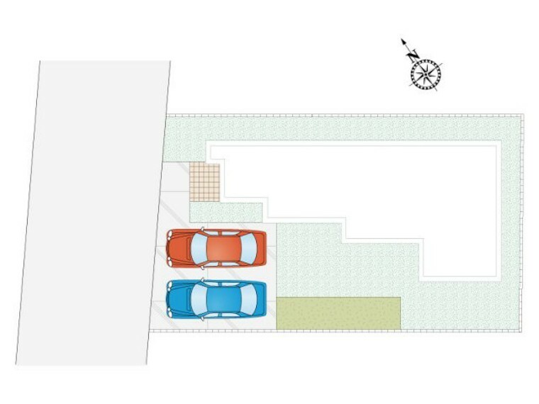 区画図 駐車は並列2台可能です。南側はお庭のスペースとして利用できます！