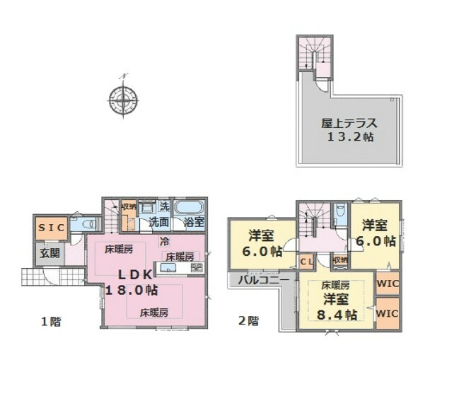 間取り図 ■建物面積:98.94平米の2階建て3LDK（全室6帖以上）新築戸建■21.94平米のひろびろとした屋上テラス付き