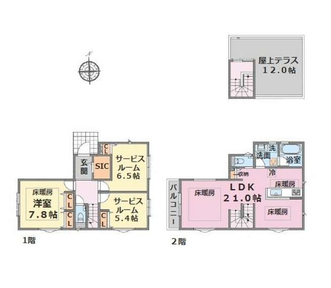 間取り図 ■建物面積:99.35平米の2階建て3LDKタイプ新築戸建　■19.87平米のひろびろとした屋上テラス付き