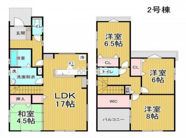 間取り図 2号棟:全洋室6帖以上でプライベート空間も広々！リビング階段で家族が集いやすい間取り。