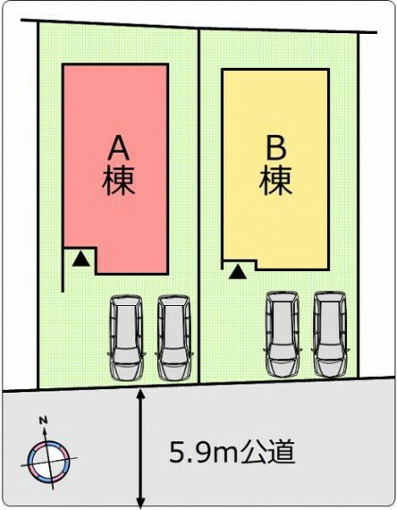 区画図 （区画図）南側5.9m公道に面した陽当たりのよい立地。駐車は並列2台分ございます。