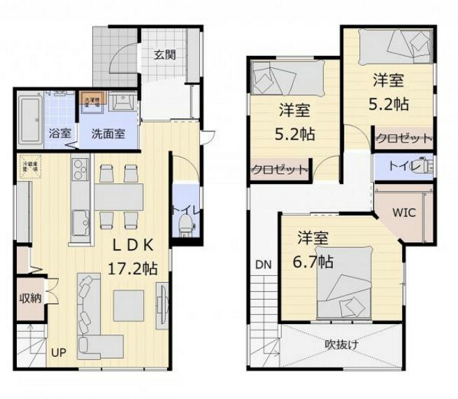 間取り図 （B棟間取）家族がつながるリビング階段を採用。オープンクロゼットや吹き抜けのあるLDKなど使いやすさ・デザイン性もある住宅です。