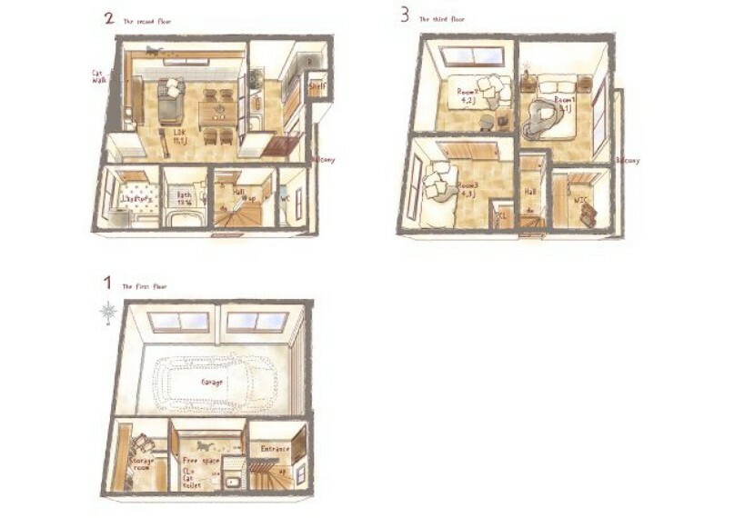 間取り図 「ネコリノベ」物件 2024年2月完成しました。猫ちゃんんと暮らす3階建て×3SLDKのお家です。