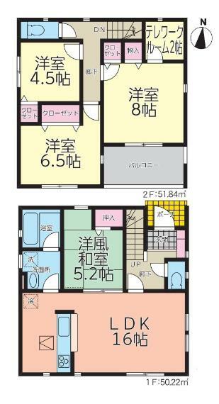 間取り図 【6号棟間取り図】4LDK＋テレワークルーム2帖　建物面積102.06平米（30.92坪）