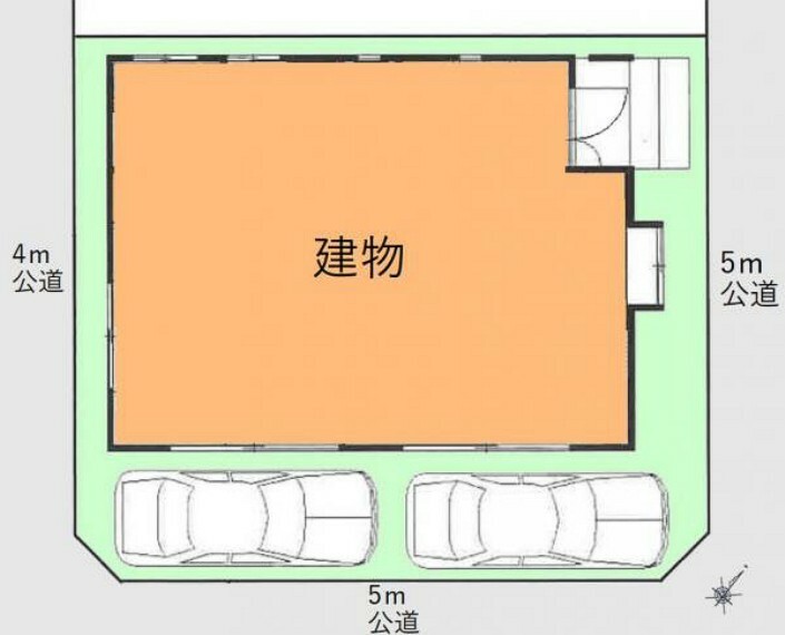 区画図 北東5m公道・南東5m公道・南西4m公道、カースペース2台分（車種による）