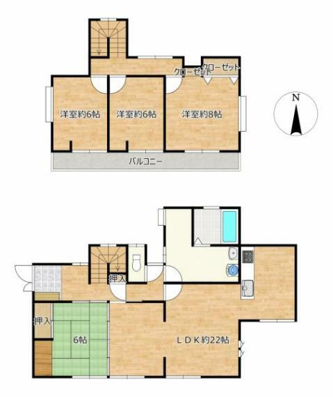 間取り図 【リフォーム中】 間取りは4LDKの2階建てです。 水廻りも全て新品交換予定で気持ちよく生活していただけます。 南面バルコニー付きなので、お布団干しもラクラクです。