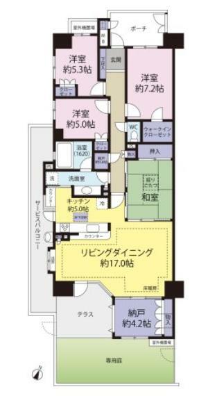 間取り図 112.29平米の4LDK＋WIC＋納戸のお部屋です。 テラスや専用庭も有りお荷物の多い方や小さなお子様のいる方にもおススメです。