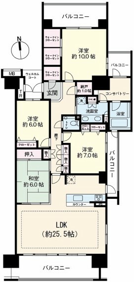 間取り図 南・東・北の3方角部屋。陽当たり・通風良好