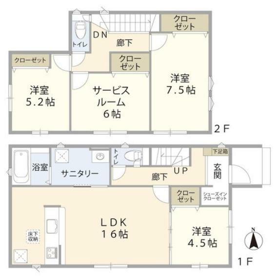 間取り図 1F:LDK約16帖/洋室約4.5帖/洗面所/浴室/トイレ/SIC2F:洋室約5.2帖/洋室約7.5帖/S6帖/トイレ/WIC