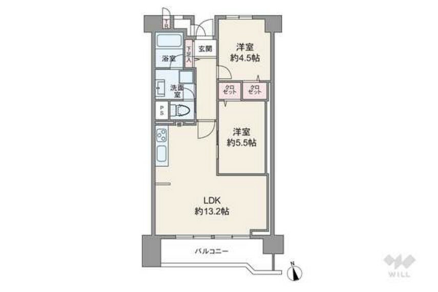 間取り図 間取りは専有面積55平米の2LDK。全居室洋室仕様のプラン。LDKは窓が2か所あり、明るく開放感があります。共用廊下に面したトランクルームがあるのもポイント。バルコニー面積は7.84平米です。