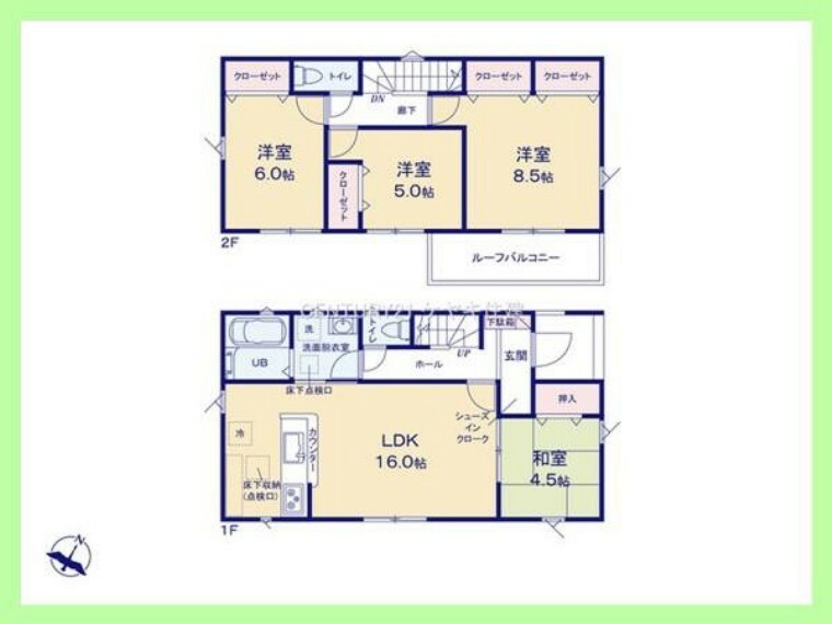 間取り図 4LDK。土地202.74平米（約61.32坪）建物96.88平米（約29.3坪）。収納豊富な全室収納付き。16帖のLDKは、ご家族が自然と集まる空間です。