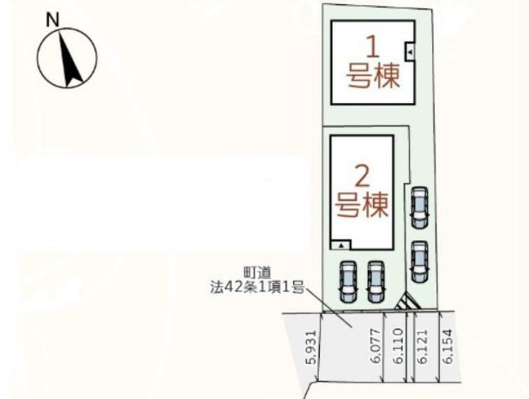 区画図 1号棟。 カースペースは2台駐車出来ます＾＾ 須恵中央駅まで自転車で約8分。スーパーコンビニドラックストア徒歩圏内でお買い物も便利です＾＾