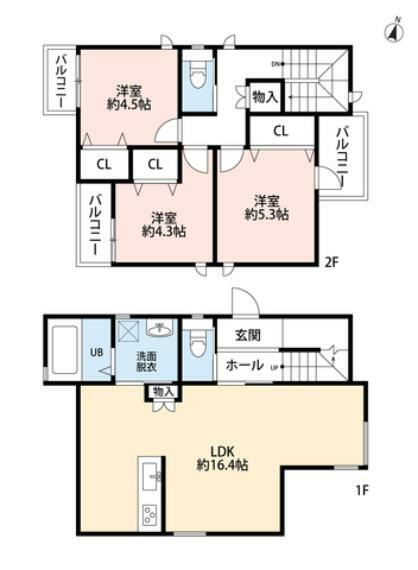 間取り図 LDKは南向きで陽当たり良好。2階は洋室が3部屋あるので、お子様が大きくなっても安心ですね＾＾