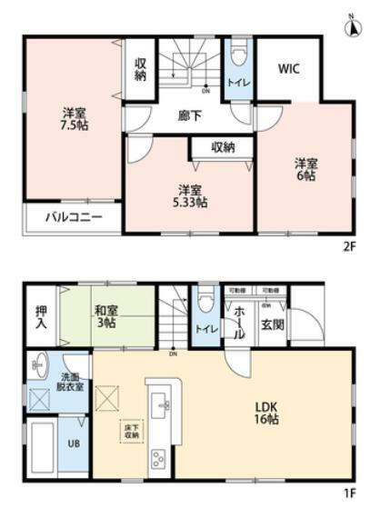 間取り図 1階は16帖のLDK＆3帖の和室。2階には3洋室、全居室十分な広さを確保しています＾＾