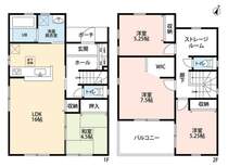 和室含む4LDK。2階には3居室、主寝室は7.5帖＆WIC付き＾＾居室から独立したストレージルームあり＾＾