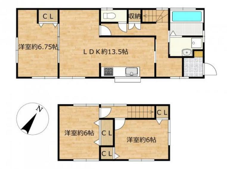 間取り図 【間取図】リビング横洋室を開けることで、約20.25帖の広々とした空間としてもお使いいただける3LDKです。各居室に収納を新設し、居室空間にゆとりを持てるよう仕上げています。