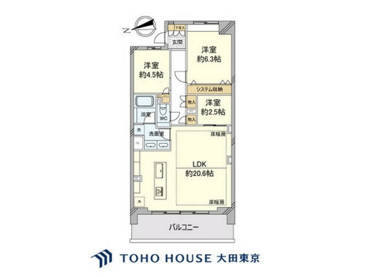 間取り図 3LDK、専有面積79.63m2、バルコニー面積12.21m2