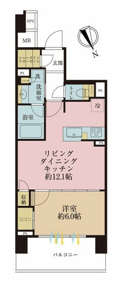 間取り図 1LDK、専有面積45.02平米、バルコニー面積8.73平米