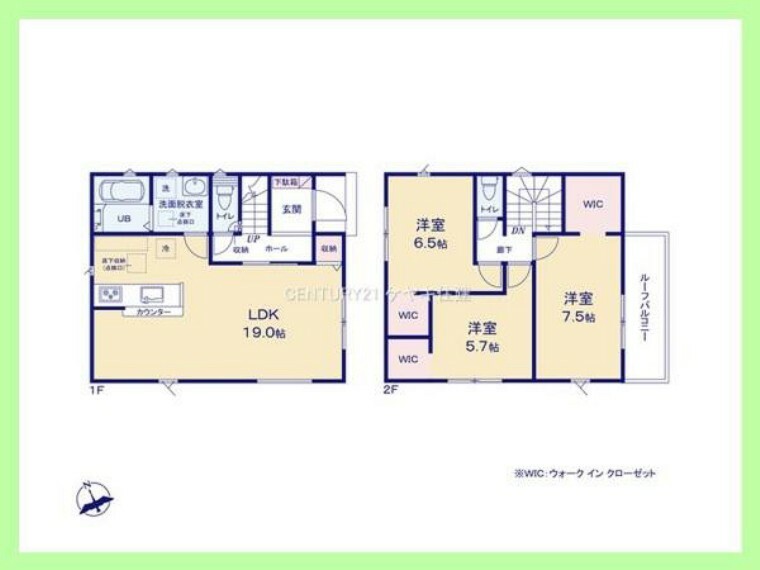 間取り図 3LDK。土地123.29平米（約37.29坪）建物93.98平米（約28.42坪）。収納豊富な全室収納付き。 19帖のLDKは、ご家族が自然と集まる空間です。