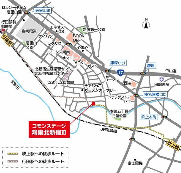 区画図 現地案内図JR「吹上」駅へ徒歩15～16分（約1,190m～約1,260m）、JR「行田」駅へ徒歩16～17分（約1,280m～約1,330m）